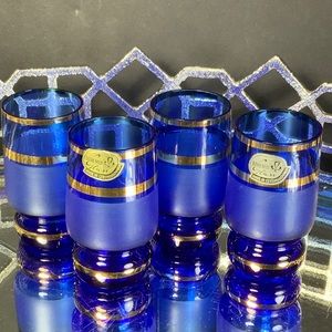 Vintage Bohemia Czech Shot Glass Blue Liqueur Gold Guilt Set 4 #N1